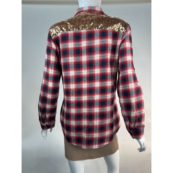 E2 Plaid and Sequin Western Styled Shirt M Red Blue Cotton Vintage - Picture 14 of 16